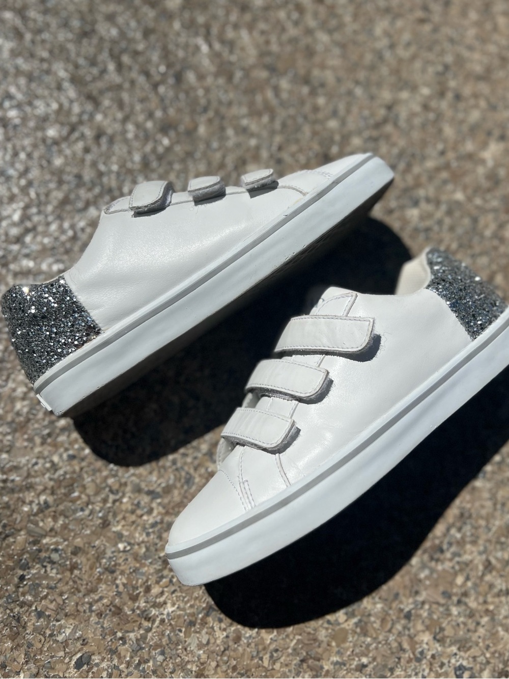 PRADA White Kids Leather Sneakers with Silver Glitter Heel - Picture 2 of 10